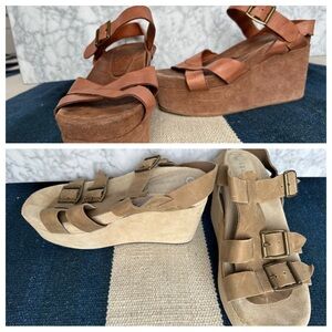 2 pairs Jeffrey Campbell Platform/Flatform leather sandals. Brown and tan.